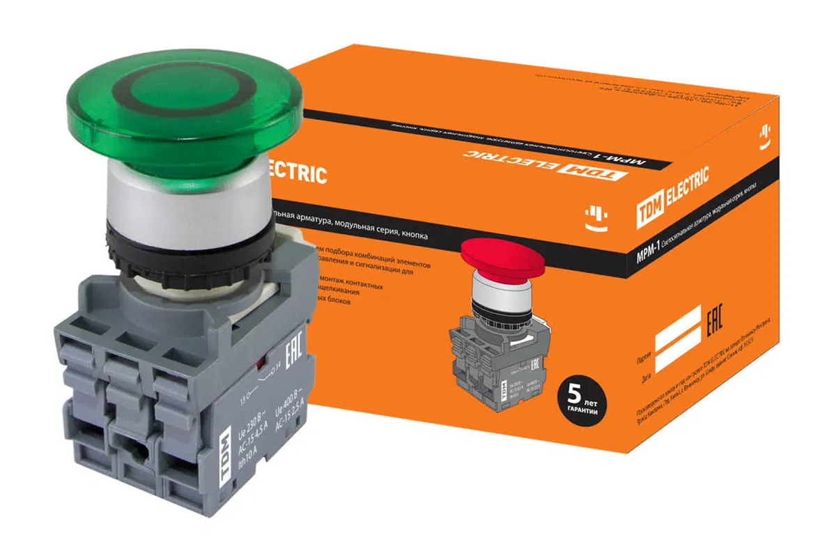 Кнопка грибовидная МРМ1-11G(LED) в сборе d40мм/220B 1з+1р зеленая  TDM SQ0747-0031