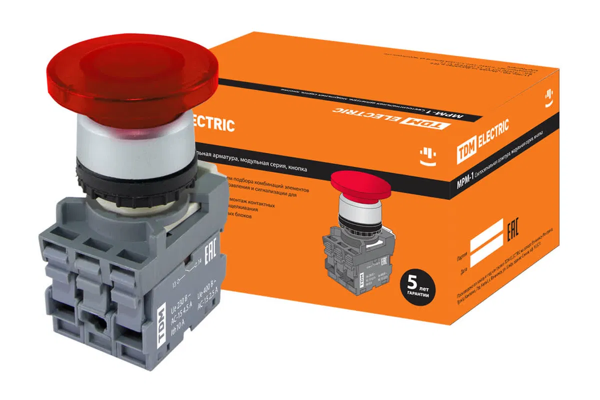 Кнопка грибовидная МРМ1-11R(LED) в сборе d40мм/220B 1з+1р красная TDM SQ0747-0033