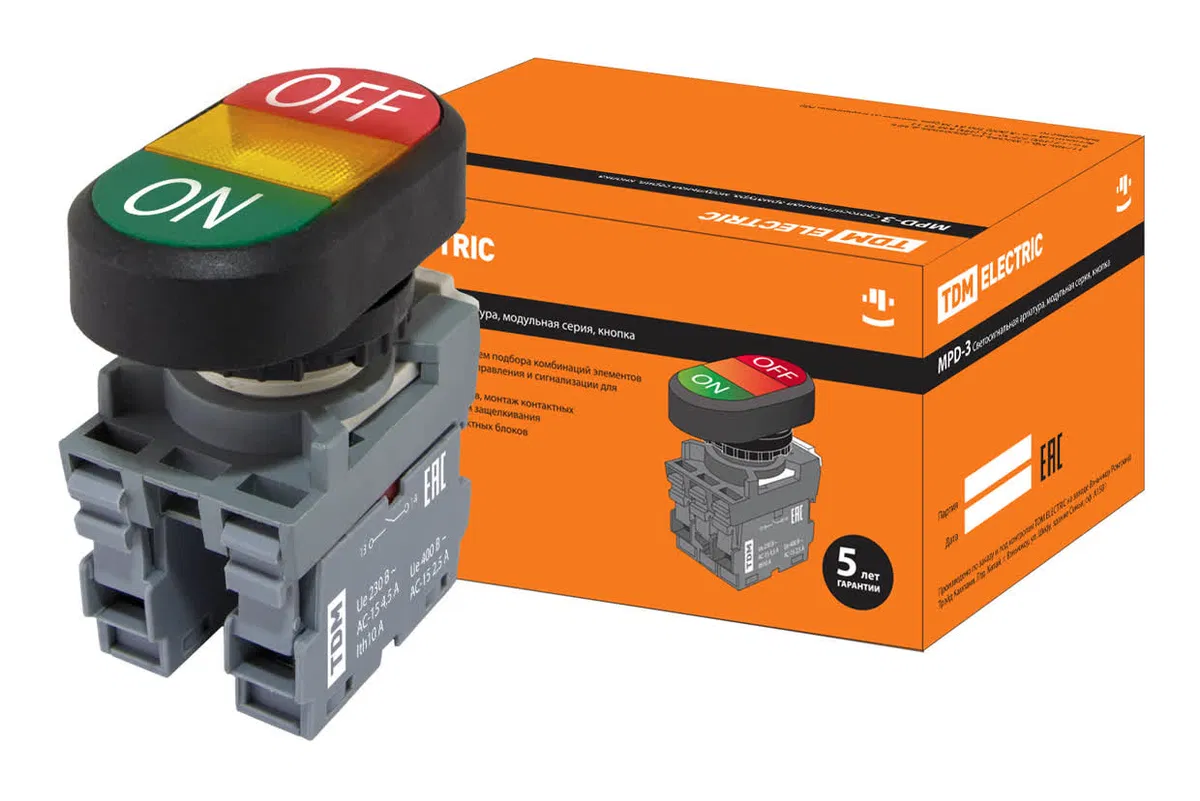 Кнопка двойная MPD3-11Y (зеленая/красная) (LED) в сборе d22мм/220В (ON/OFF) линза желтая TDM SQ0747-0052
