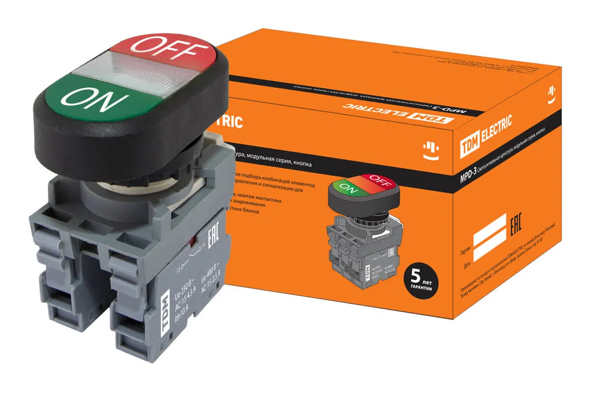 Кнопка двойная MPD3-11С (зеленая/красная) (LED) в сборе d22мм/220В (ON/OFF) линза прозрачная TDM SQ0747-0053