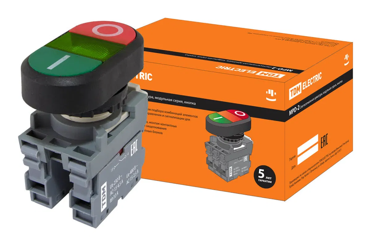 Кнопка двойная MPD2-11G (зеленая/красная) (LED) в сборе d22мм/24В (I/O) линза зеленая TDM SQ0747-0059