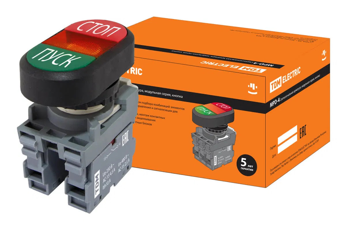 Кнопка двойная MPD4-11R (зеленая/красная) (LED) в сборе d22мм/24В (ПУСК/СТОП) линза красная TDM SQ0747-0066