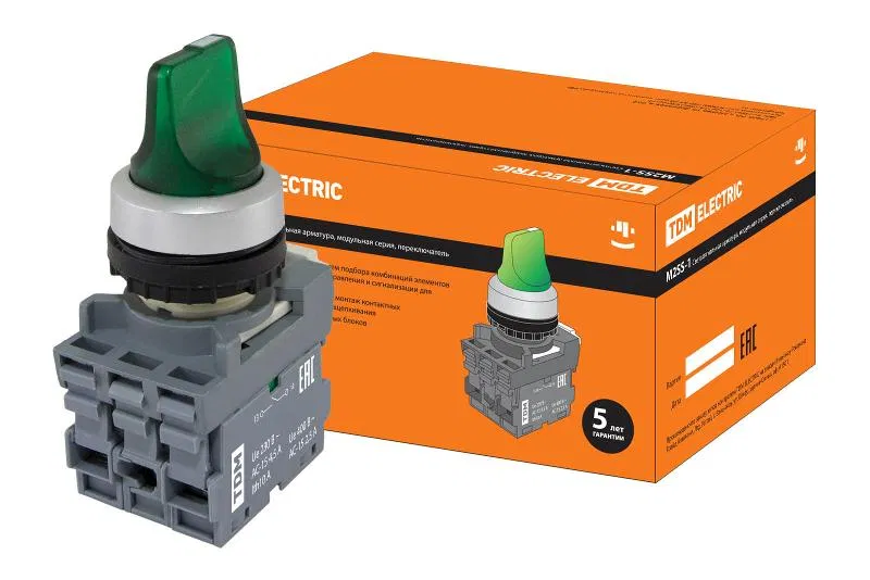 3-position latching selector switch M3SS1-21G short handle (LED) d22mm/220V 1NO+1NC green TDM SQ0747-0075