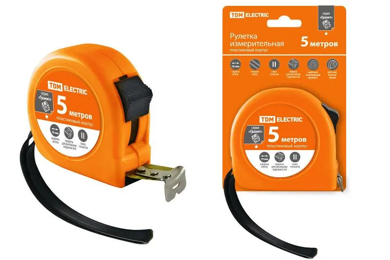 卷尺，长度 5 m，钢带，宽度 19 mm，塑料外壳，"Гранит" TDM SQ1018-0102