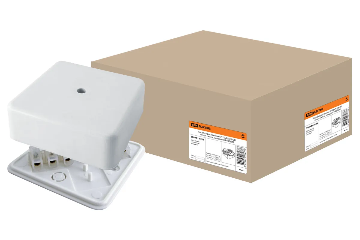 Коробка распаячная КР 75х75х28 ОП с клем. колодкой белая IP40 TDM SQ1401-0206