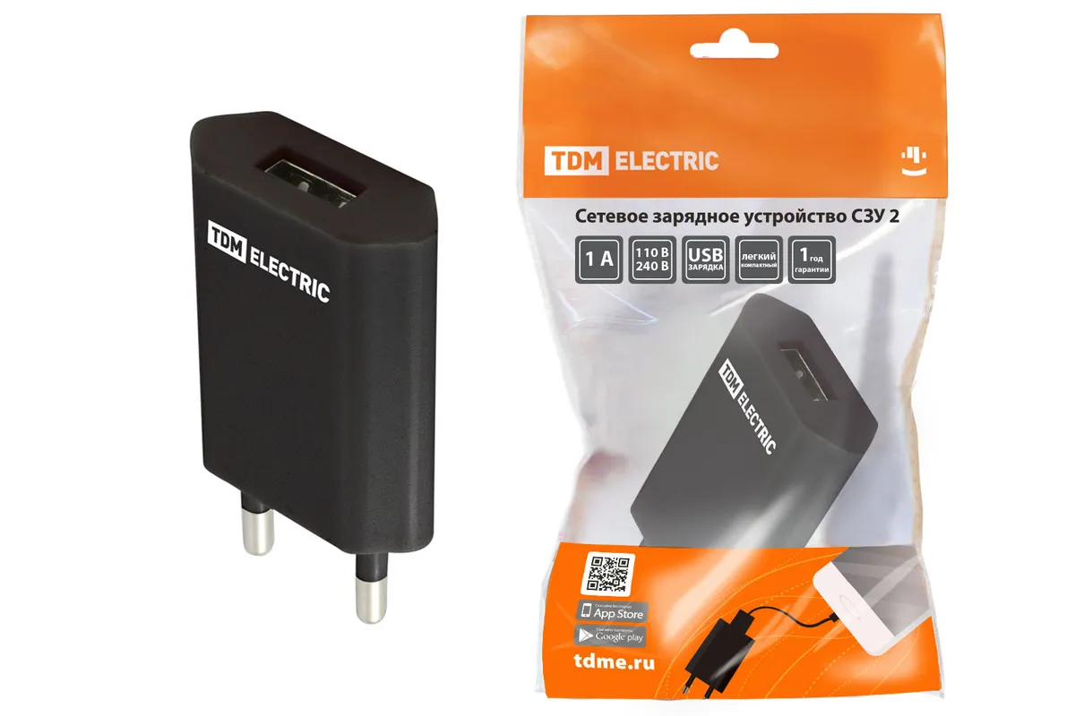 Сетевое зарядное устройство, СЗУ 2, 1 А, 1 USB, черный, TDM SQ1810-0002