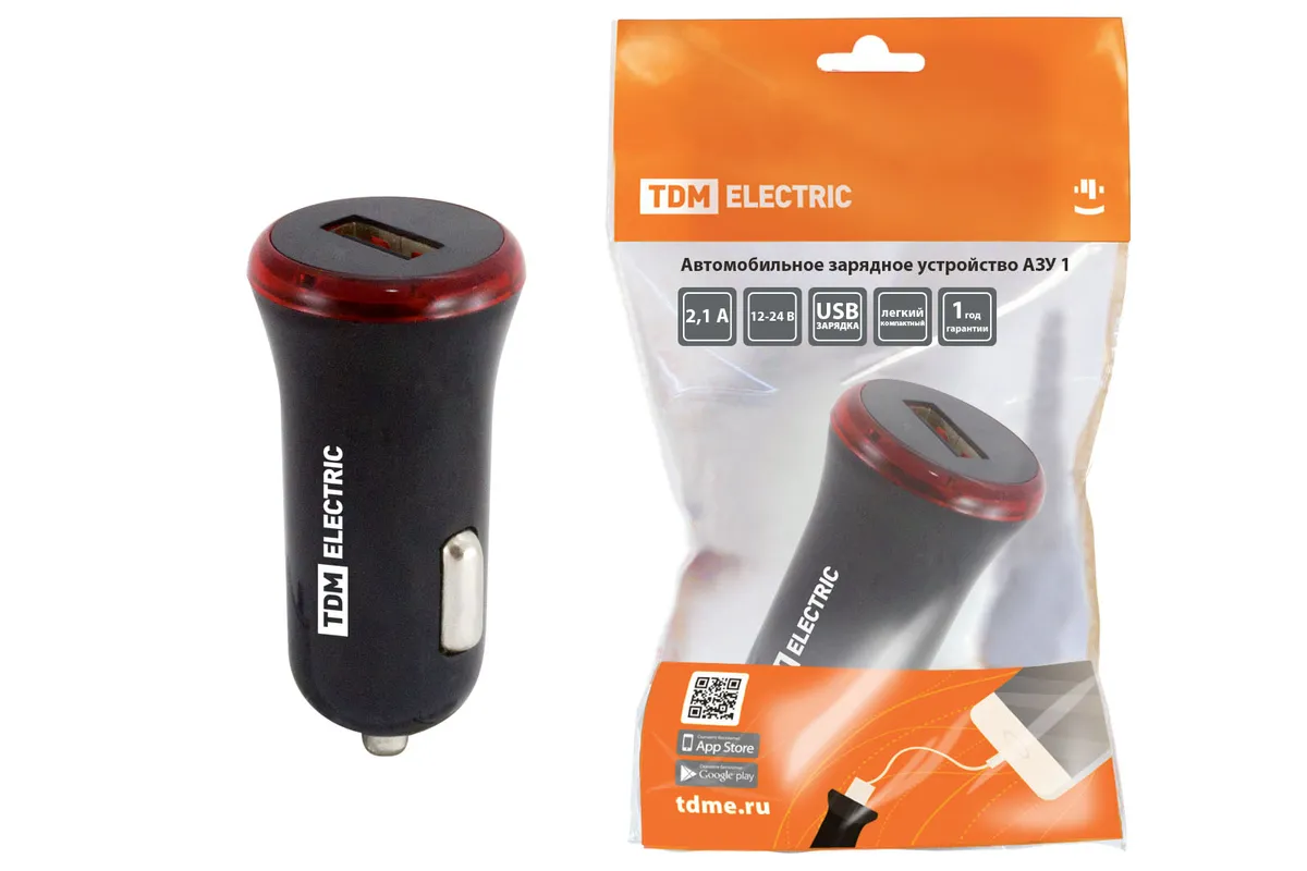 Автомобильное зарядное устройство, АЗУ 1, 2,1 А, 1 USB, черный, TDM SQ1810-0201