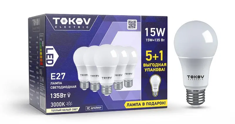 PROMO套装 LED灯泡 15W A60 3000K E27 176-264V (Promo 5+1个) TOKOV ELECTRIC Promo-A60-E27-15-3K