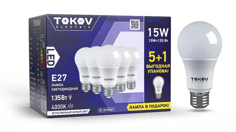 PROMO LED灯泡套装 15W A60 4000K E27 176-264V (Promo 5+1 шт) TOKOV ELECTRIC Promo-A60-E27-15-4K