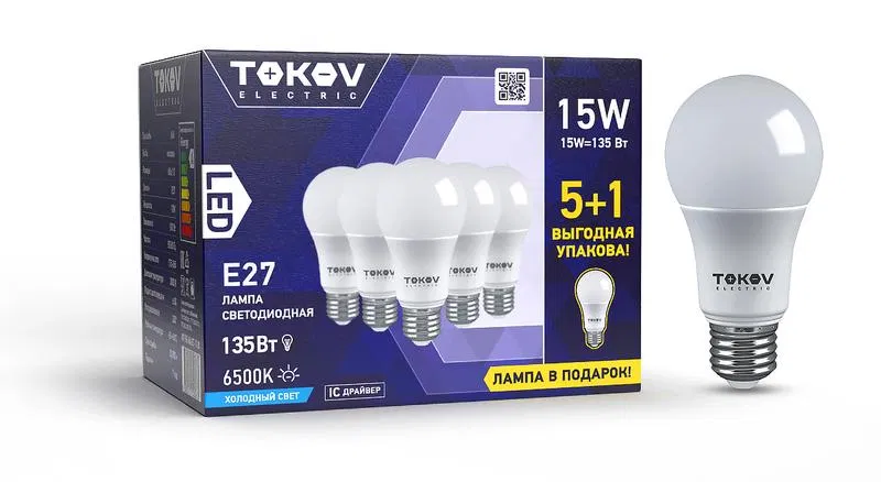 PROMO LED灯泡套装 15W A60 6500K E27 176-264V (Promo 5+1 шт) TOKOV ELECTRIC Promo-A60-E27-15-6.5K