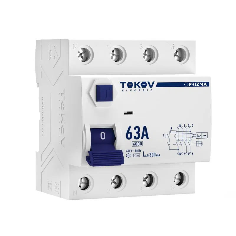 Выключатель дифференциального тока (УЗО) 4п (3P+N) 63А 300мА тип AC 6кА PRIZMA TOKOV ELECTRIC TKE-PZ60-RCDM-4-63-300-AC