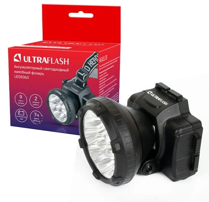 LED5363 9LED 头灯充电式 2模式 220В 塑料 黑色 (盒装) Ultraflash 11257