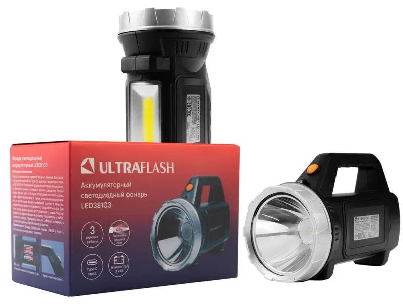 Фонарь аккумуляторный LED38103 18650/3xAA LED+COB 3 реж. Type-C пластик. коробка черн. Ultraflash 16218