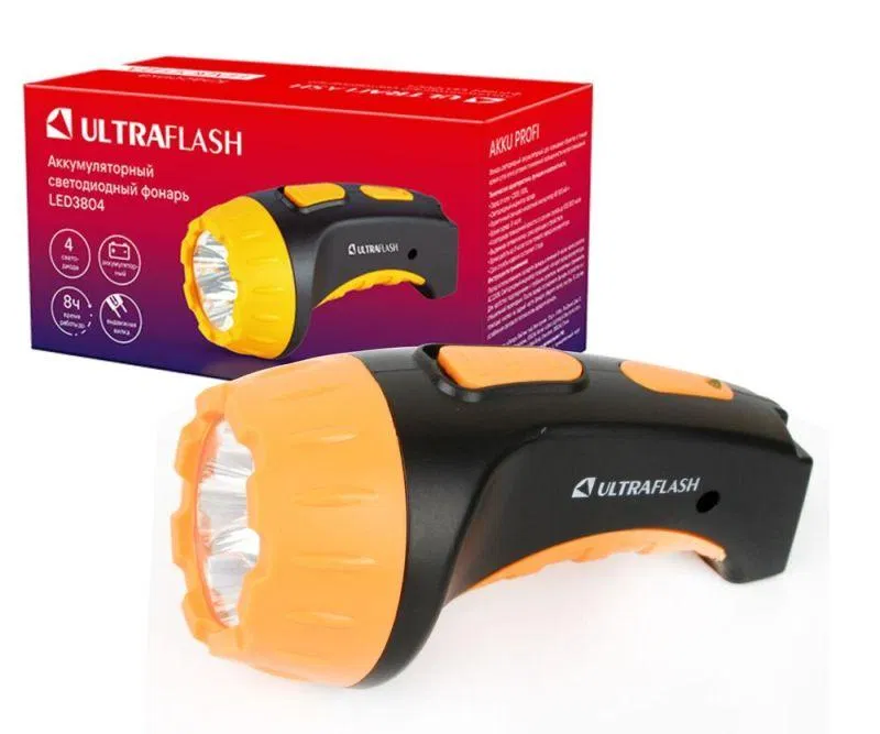 Rechargeable flashlight LED3804 4LED acc. SLA 220V plastic. black/yellow (box) Ultraflash 9215