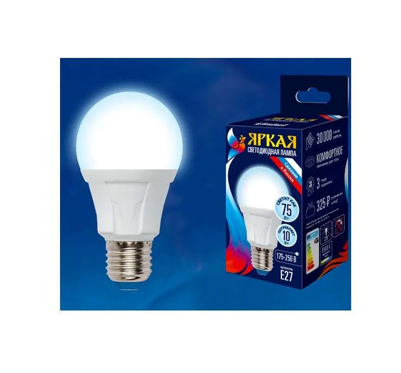 Лампа светодиодная LED-A60 10W/DW/E27/FR PLP01WH Яркая 10Вт грушевидная матовая 6500К холод. бел. E27 (упак. картон) Uniel UL-00002004