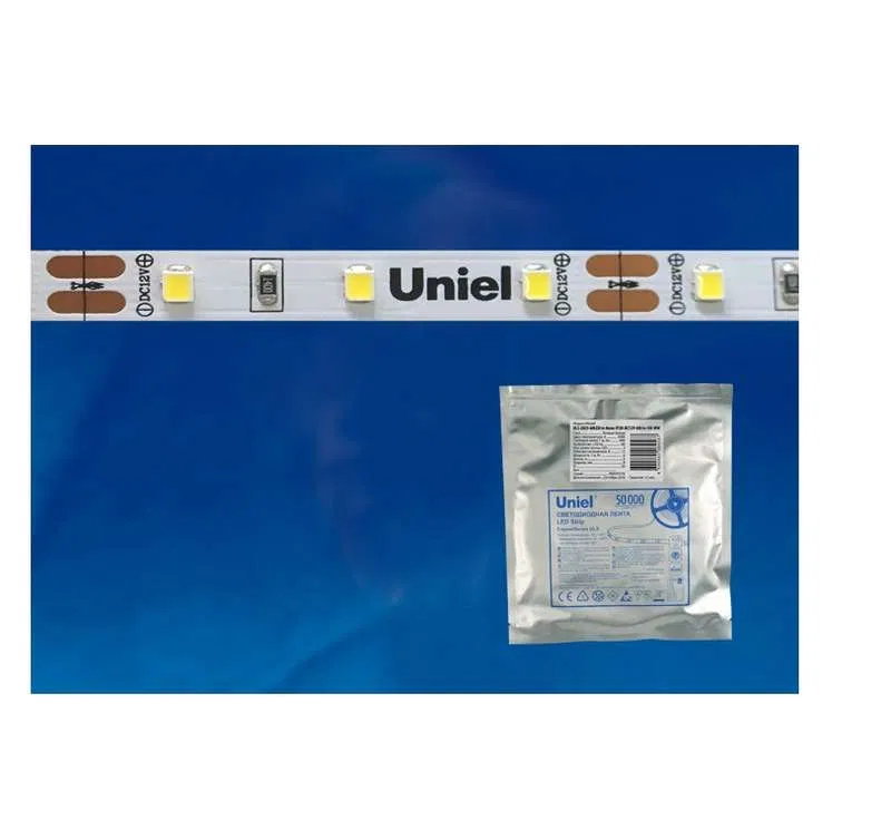 LED strip ULS-2835-60LED/m-8mm-IP20-DC24V-6W/m-5M-DW 6W/m 60LED/m 6500K cold white IP20 24V DC 8mm flexible on self-adhesive base hermetic pack (pack 5m) Uniel UL-00002969
