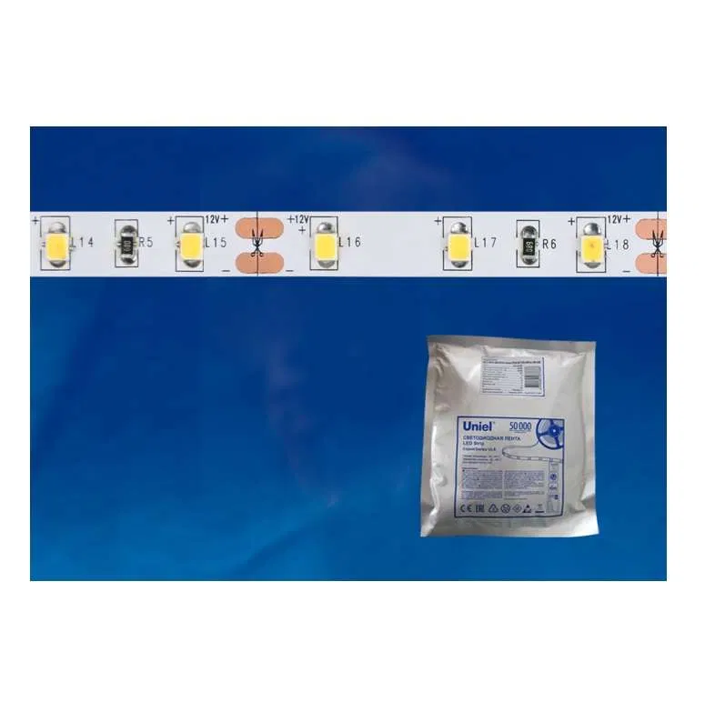 LED灯带 ULS-2835-60LED/m-8mm-IP20-DC24V-6W/m-5M-WW 6W/m 60LED/m 3000K 暖白 IP20 24V DC 8mm 自粘柔性带 密封包装 (5m/包) Uniel UL-00002971
