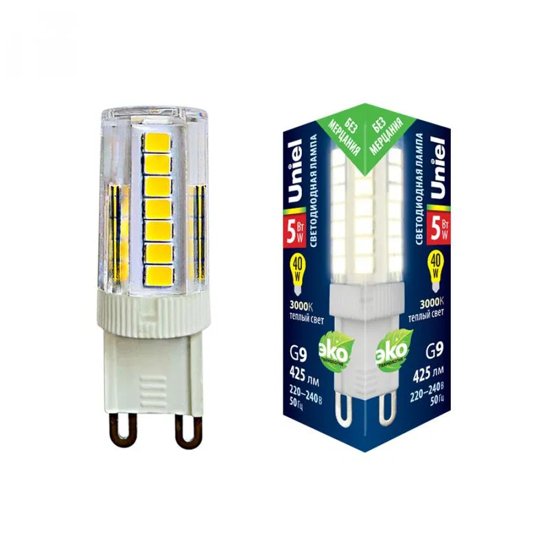 LED lamp LED-JCD-5W/3000K/G9/CL GLZ09TR 3000K cardboard pack transparent Uniel UL-00006748