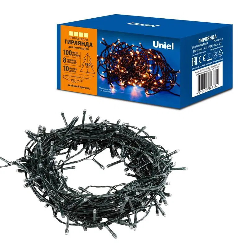 LED灯串 ULD-S1000-100/DGA WARM WHITE IP20 10m 100 LED 暖白光 绿色电线 Uniel UL-00008407