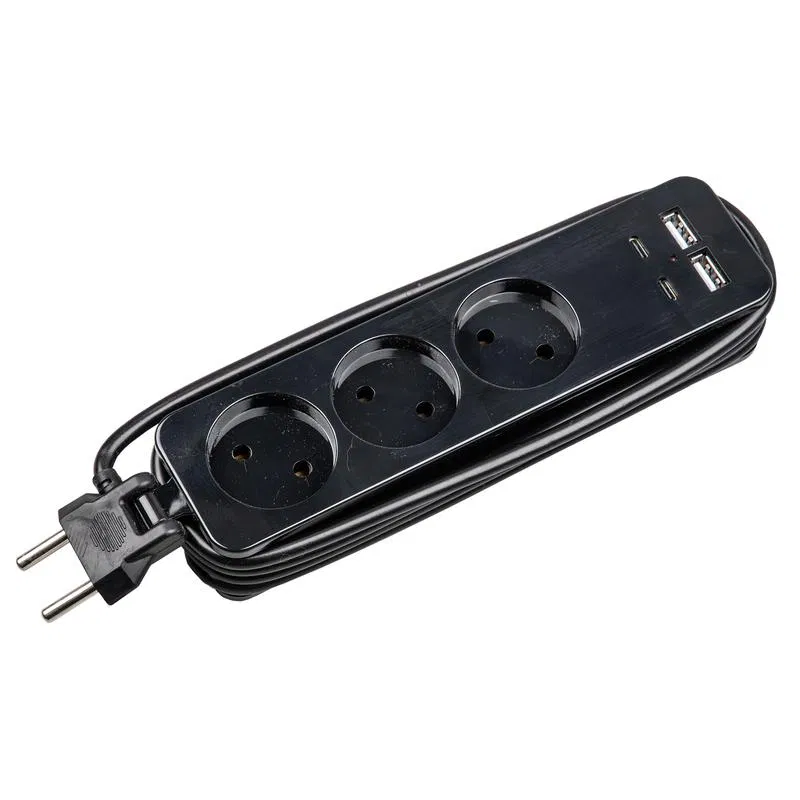 延长线 3x1.8m 无接地 2xUSB A+2xUSB type-C 10A IP20 S-CT3-1.8UC BLACK ПВС 2x1 Uniel UL-00011139
