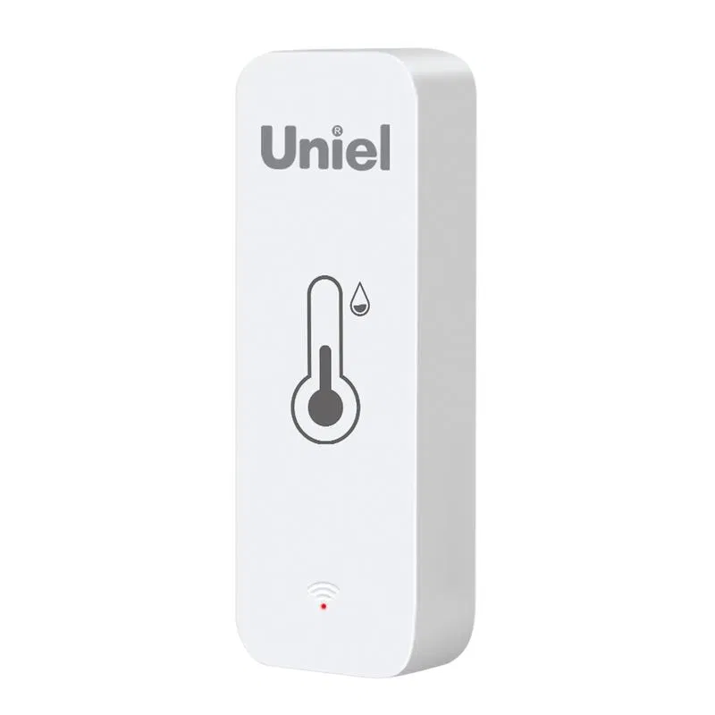 Smart IR temperature and humidity sensor Wi-Fi + Bluetooth, powered by 2x AAA batteries (not included), 12m surface mount, voice control + UnielSmart app, white. Uniel UL-00011703