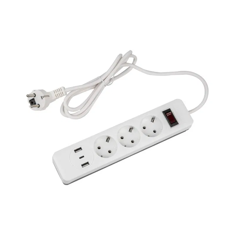 电源插线板 3x15m 带接地 10A Standard S-GSR3-15 U2C1 WHITE/GREY ПВС 3x075 2USB + 1TYPE C 2500W 白/灰 Uniel UL-00012107