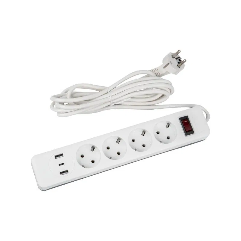 Power strip 4x3m with grounding 10A Standard S-GSR4-3 U2C1 WHITE/GREY PVS 3x075 2USB + 1TYPE C 2500W white/grey Uniel UL-00012108