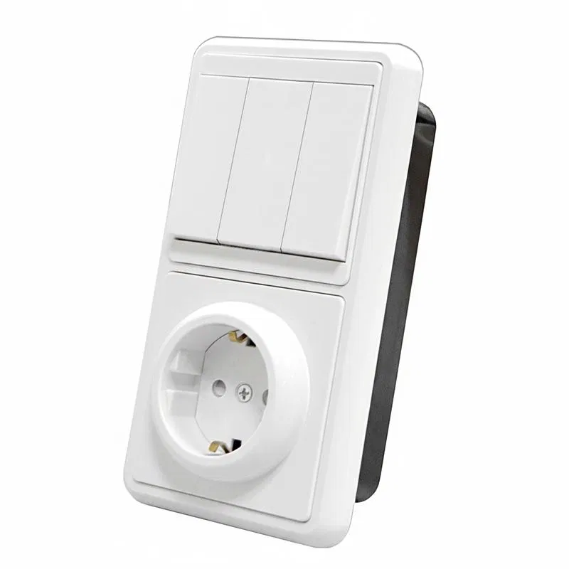 Combined block SP BKVR 3-way switch + socket with grounding protective shutters vertical white Universal 2070
