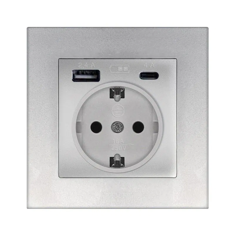Розетка СП Афина 16А с заземл. с 2-мя заряд. устр. USB 5В тип А(2.4А)+С(4А) в сборе серебр. Universal А0056-S