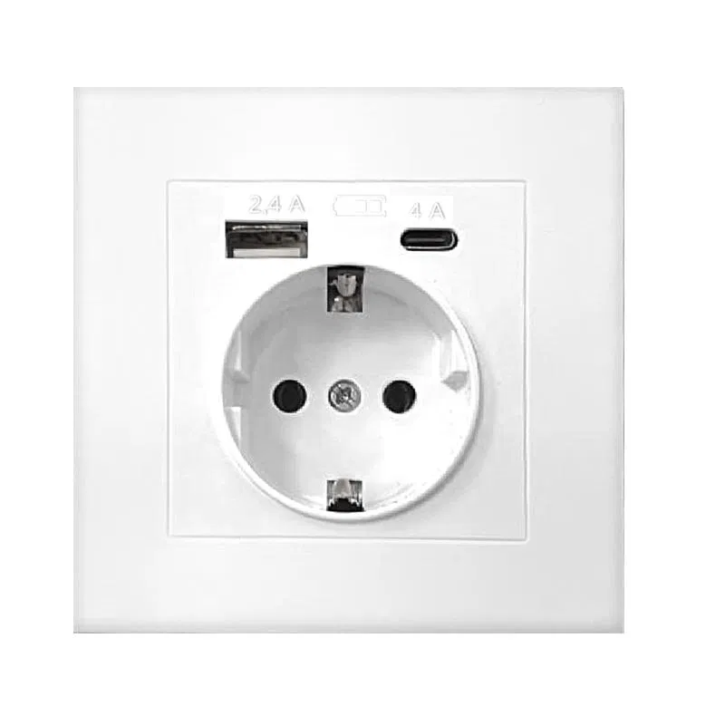 Розетка СП Афина 16А с заземл. с 2-мя заряд. устр. USB 5В тип А(2.4А)+С(4А) в сборе бел. Universal А0056