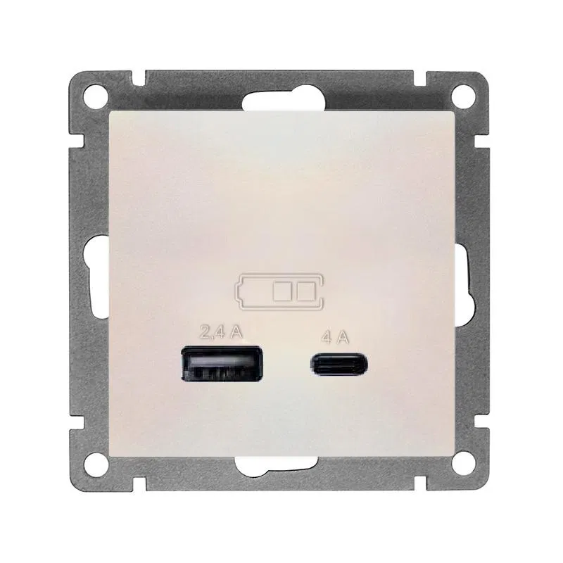 Розетка 2-м USB СП Афина тип А+С 5В 1х2.4А 2х4А механизм жемчуж. Universal А0059-OBr