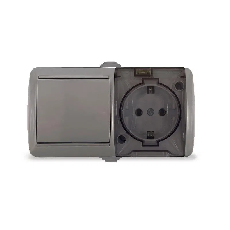 Universal K2237-Gr 系列开关插座组合：1位10A单极开关 + 1位16A 250V接地插座，带透明盖