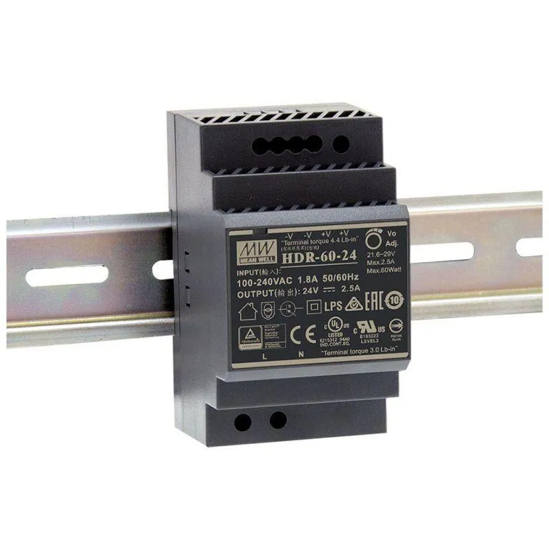 DIN rail power supply 24V 2.5 A 60W Meanwell Class II protection 52.5x90x54.5mm VARTON HDR-60-24_V
