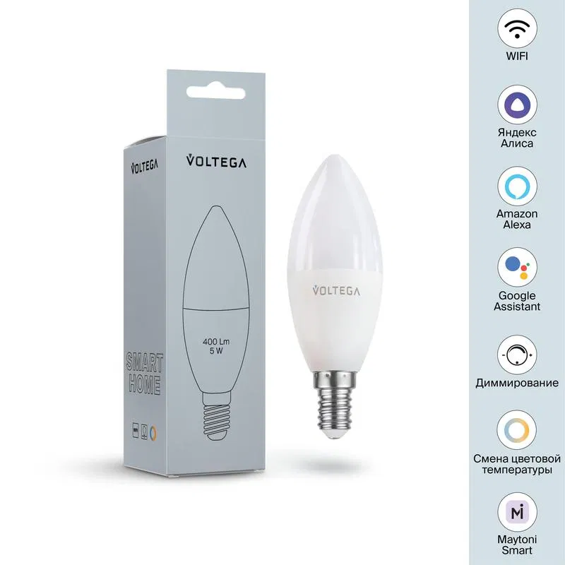 Лампа светодиодная Wi-Fi Candle 5Вт 2700К-6500К E14 MIX DIM Voltega 2427