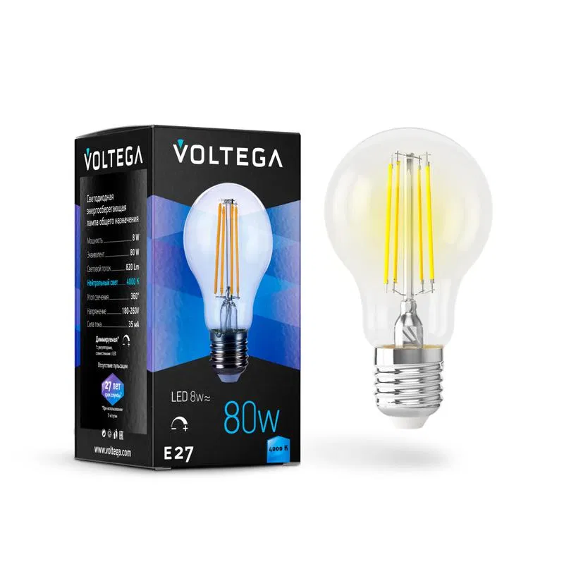 Лампа светодиодная Crystal A60 8Вт 4000К E27 DIM Voltega 5490