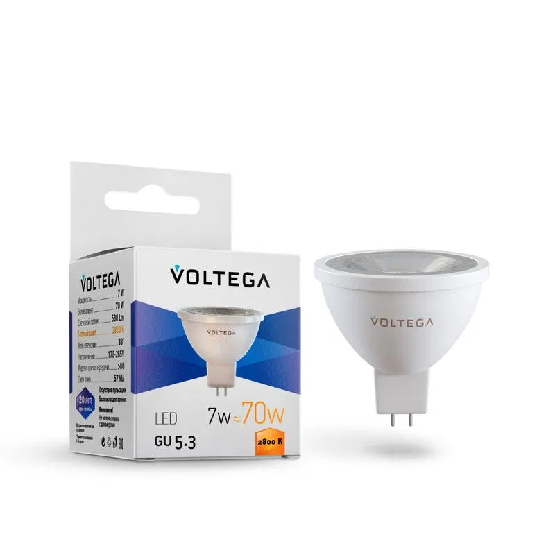 Лампа светодиодная Simple MR16 7Вт 2800К GU5.3 38град. Voltega 7062