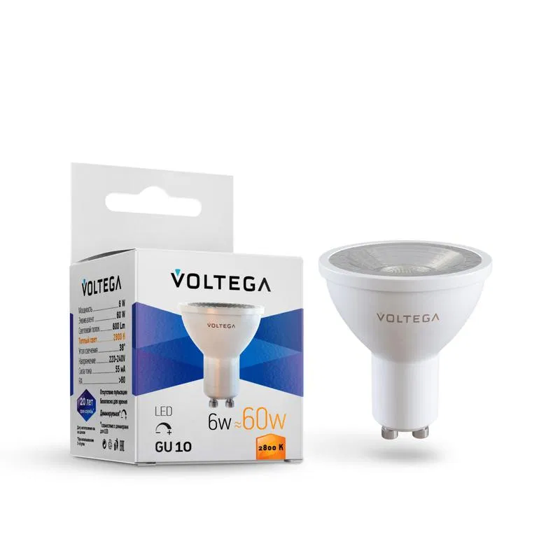 Лампа светодиодная Simple MR16 6Вт 2800К GU10 38град. DIM Voltega 7108