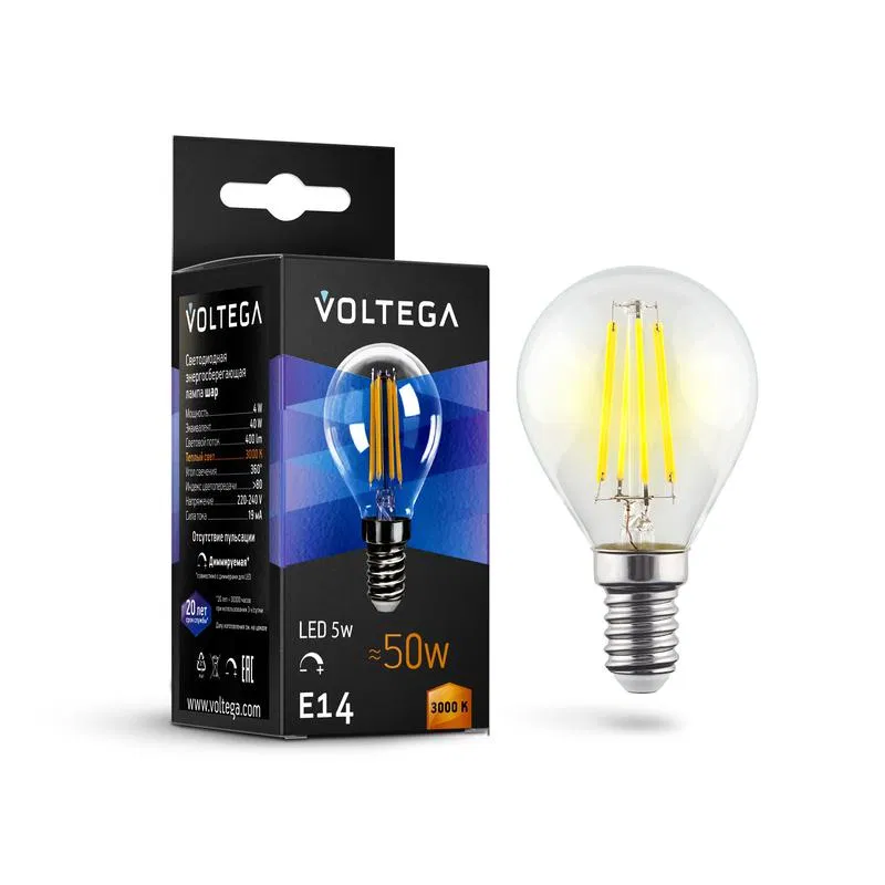 Лампа светодиодная Crystal Globe 5Вт 2800К E14 DIM Voltega 8464