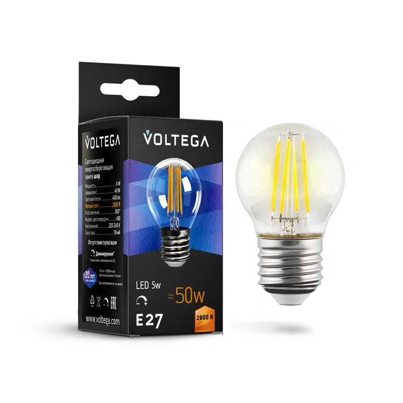 Лампа светодиодная Crystal Globe 5Вт 2800К E27 DIM Voltega 8466