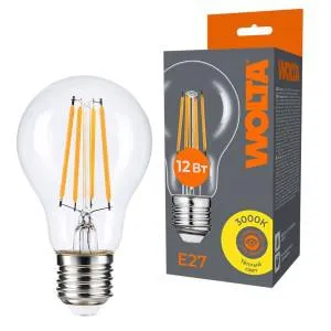 Лампа светодиодная Filament A60 12Вт грушевидная прозрачная 3000К E27 1100лм WOLTA WF-A60-12W3KE27