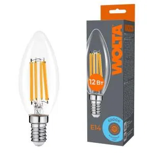Лампа светодиодная Filament C35 12Вт свеча прозрачная 6500К E14 1050лм WOLTA WF-C35-12W6KE14