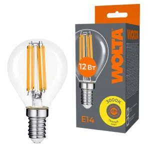 Лампа светодиодная Filament G45 12Вт шар прозрачная 3000К E14 1050лм WOLTA WF-G45-12W3KE14