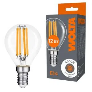 Лампа светодиодная Filament G45 12Вт шар прозрачная 4000К E14 1050лм WOLTA WF-G45-12W4KE14