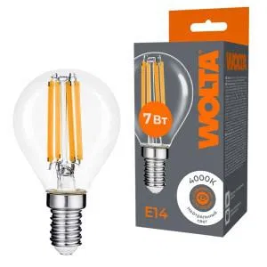 Лампа светодиодная Filament G45 7Вт шар прозрачная 4000К E14 630лм WOLTA WF-G45-7W4KE14